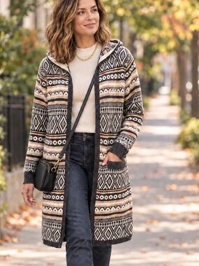 Fair Isle Hooded Longline Cardigan Duster Geometric Multicolor M